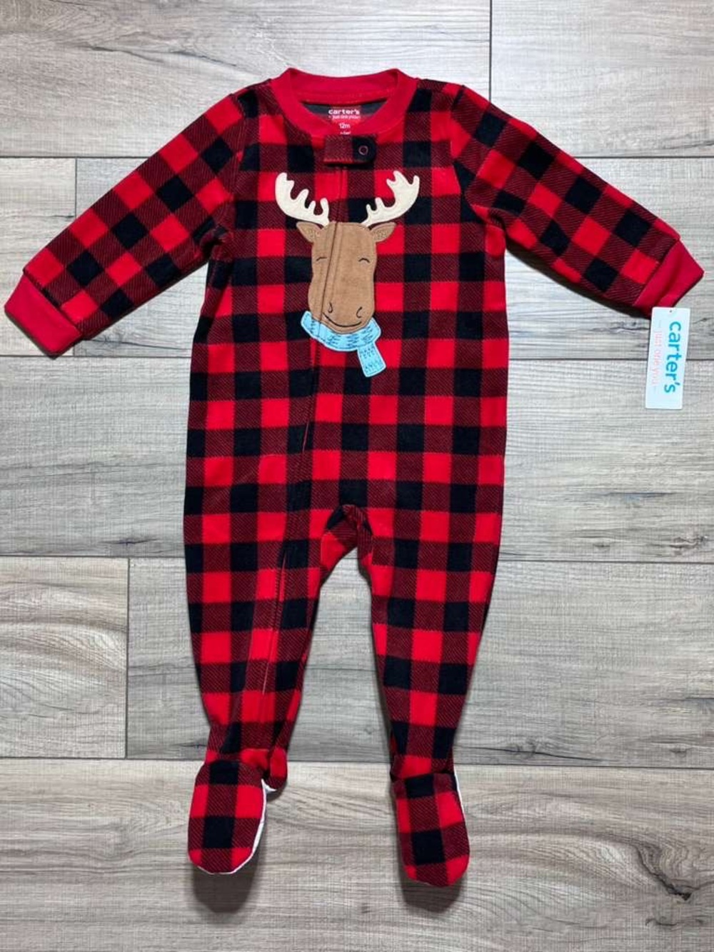 Carters Just One You Baby Boys Plaid Moose Fleece Footed Pajama 12M Red Black